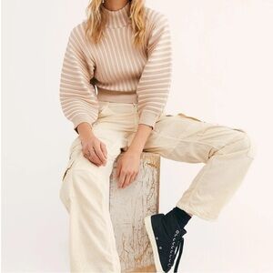 Free People Boho Chic Mad Chill Beige Cream Striped Ribbed Mock Turtleneck Sz Sm